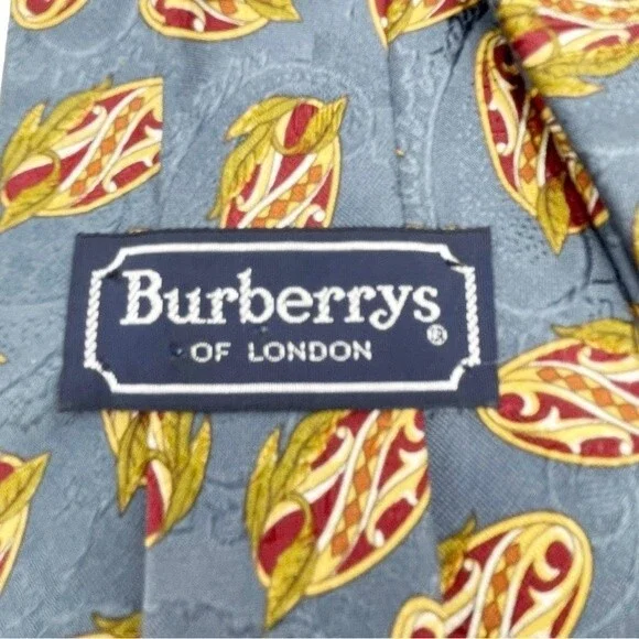 Vintage 80s Burberrys of London Silk Necktie Slate Gold Maroon Print Burberry
